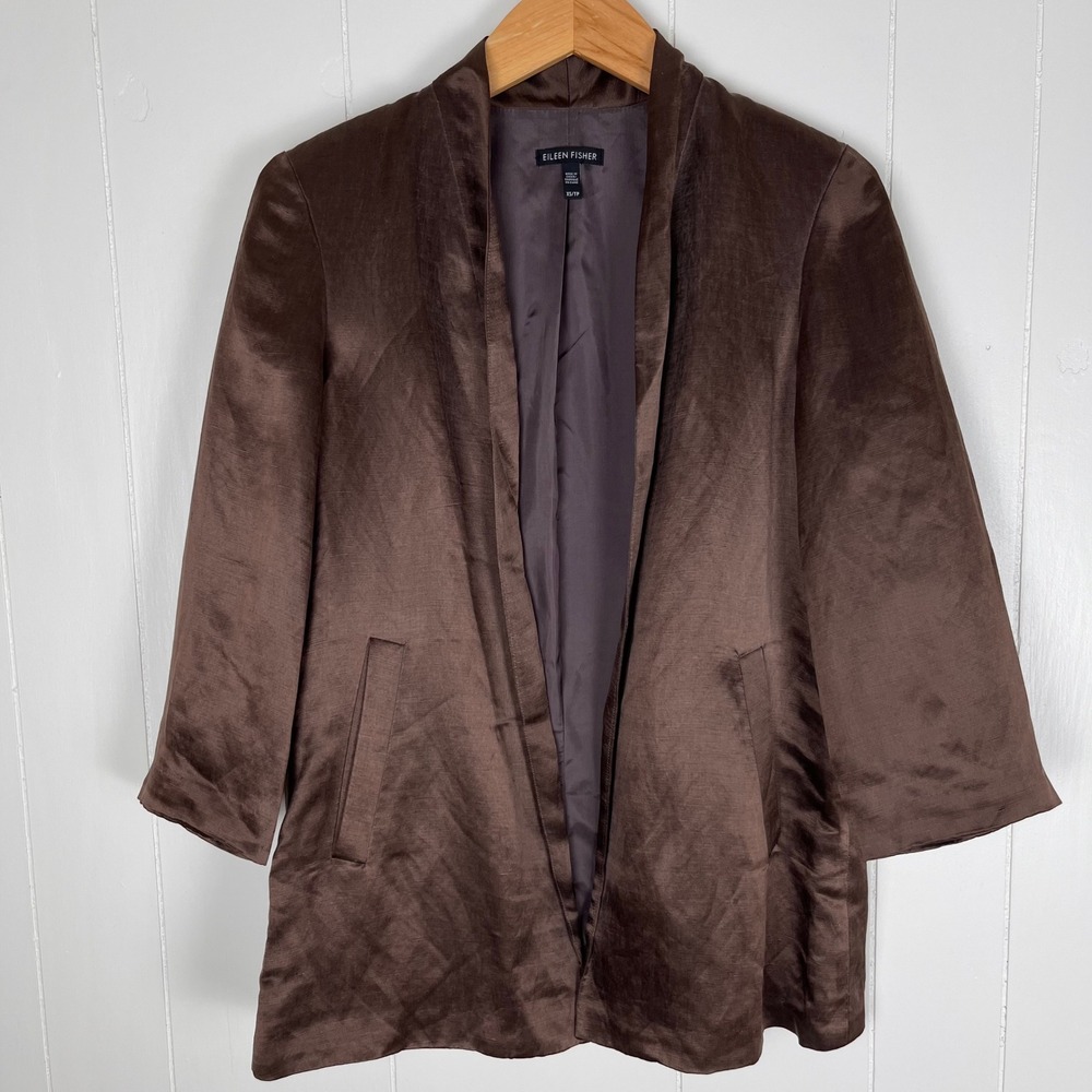 Eileen Fisher Organic Linen Silk Open Front Jacket‎ XS Bronze Brown Minimalist